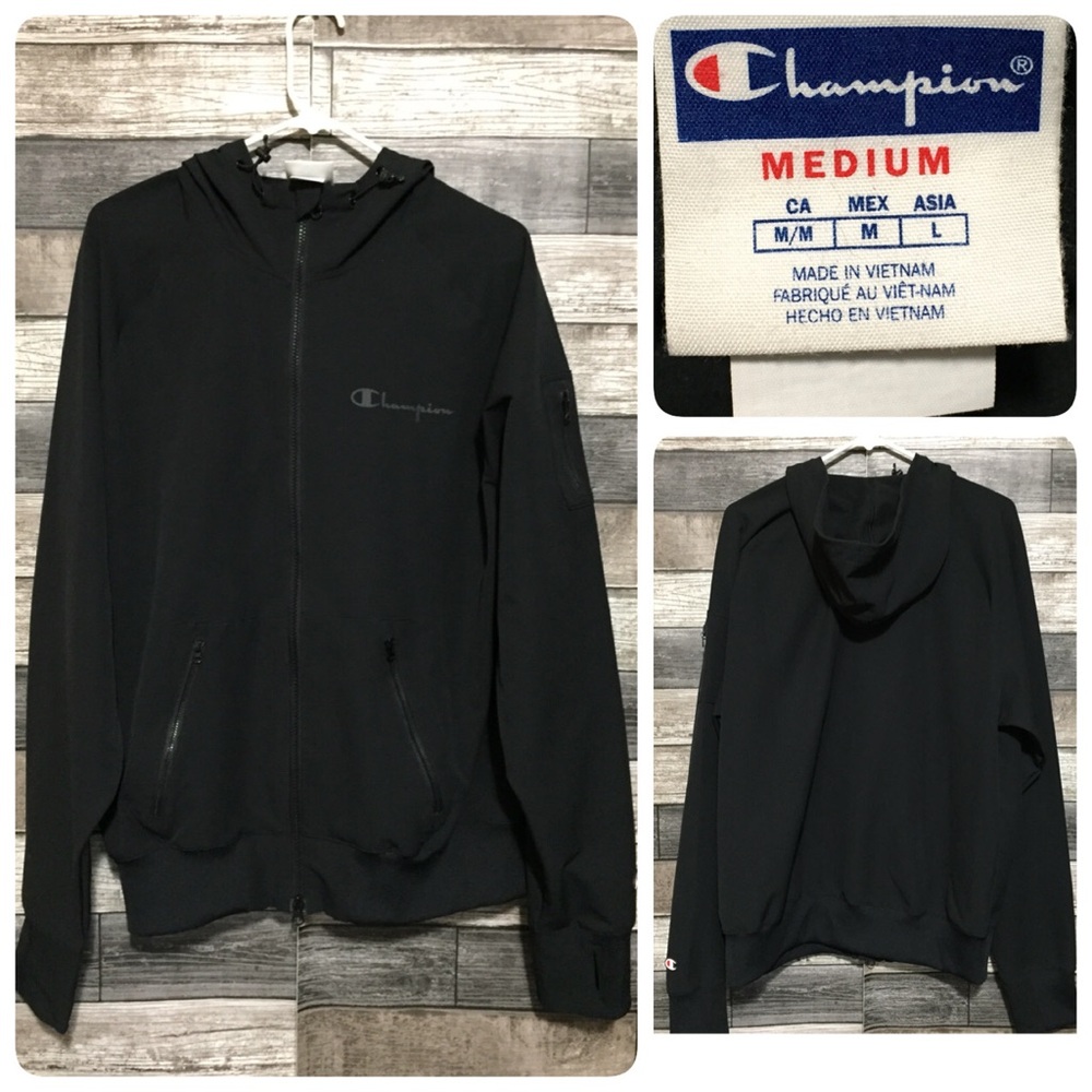 Champion Full Zip Hooded Jacket Men’s M Black Stretch Thumb Holes